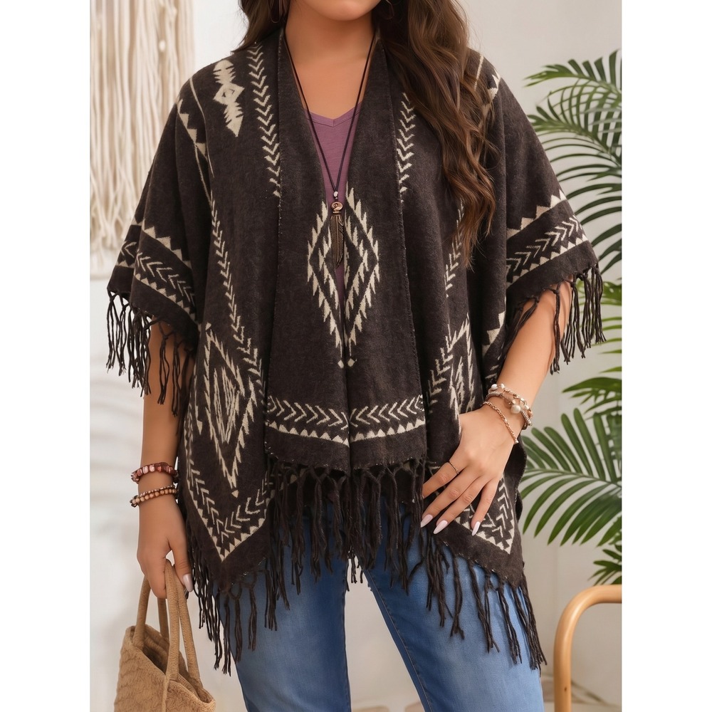 Western Tribal Print Fringe Poncho Shawl Cardigan Brown Tan OS Excellent